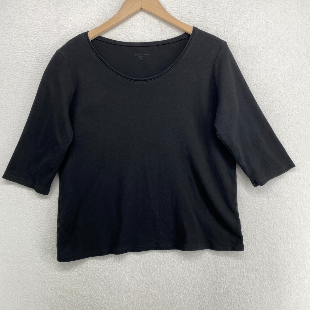 EILEEN FISHER Top M Interlock Organic Cotton Jersey Scoop Neck 3/4 Sleeve Black